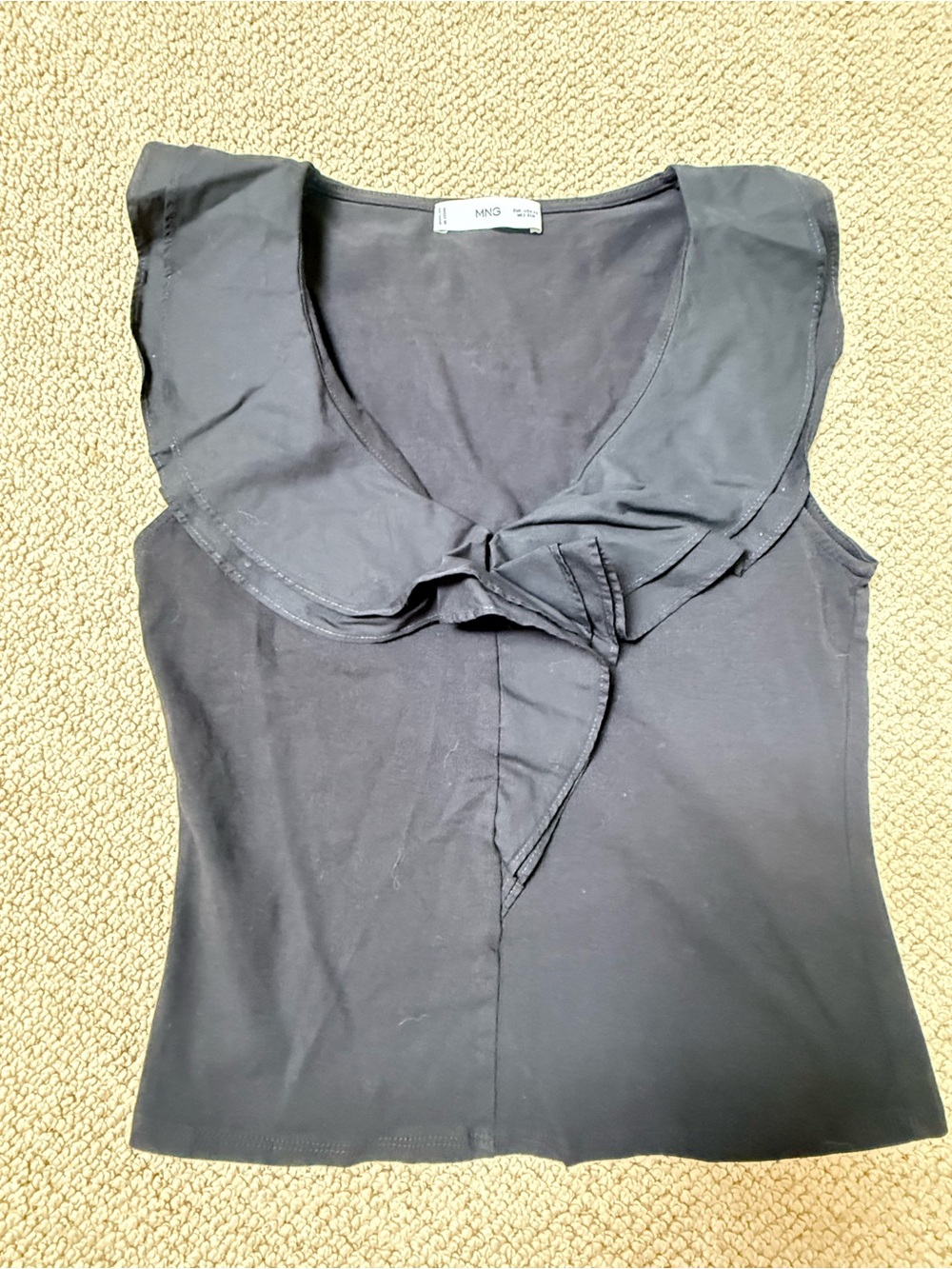 Mango Black Sleeveless Top with Tie Collar
